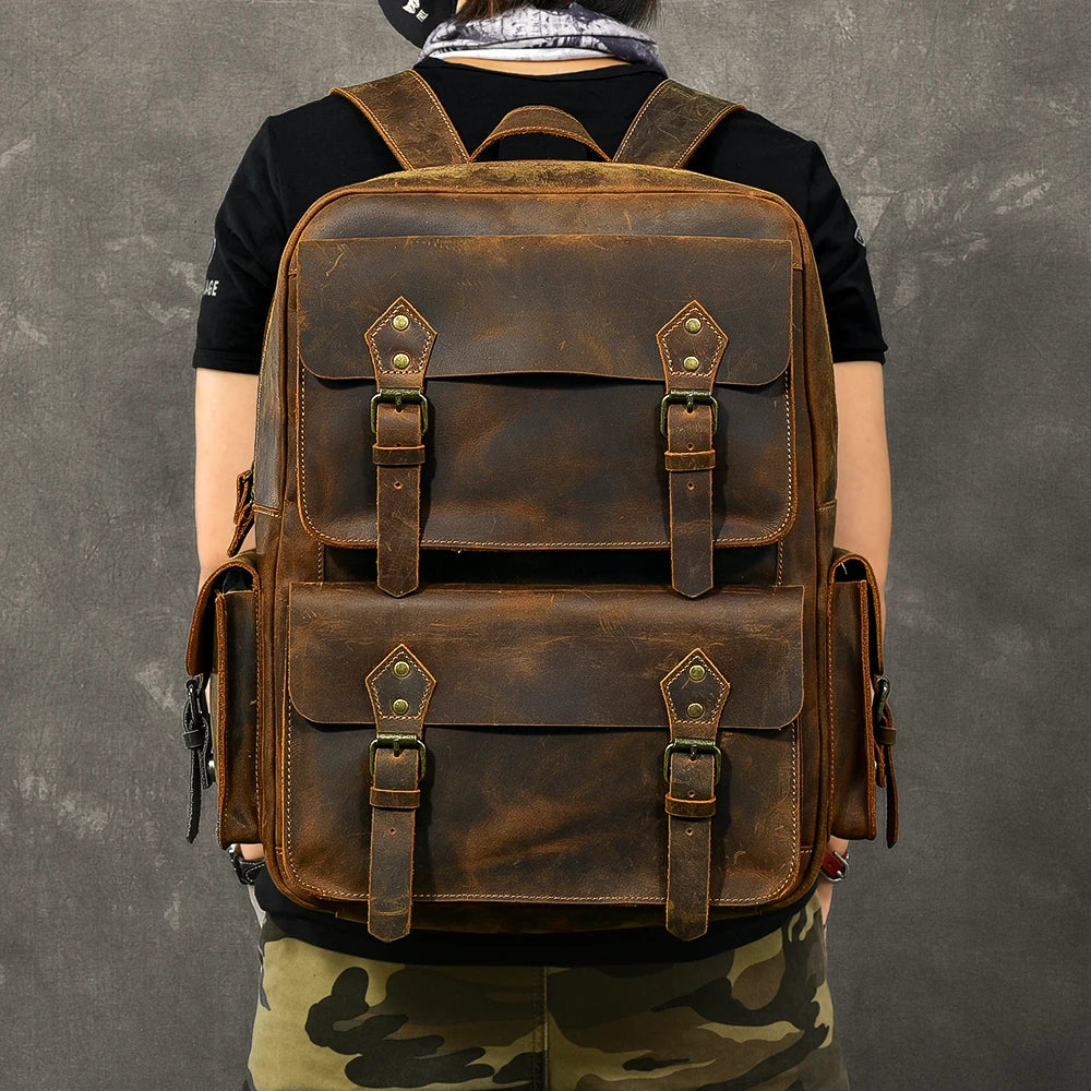 Zaino Vintage Uomo in Vera Pelle Crazy Horse – Grande Capacità con Scomparto per Laptop 17"