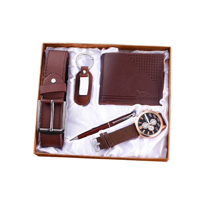 Kit 5 Peças em Couro Relógio Cinto Carteira Chaveiro Caneta