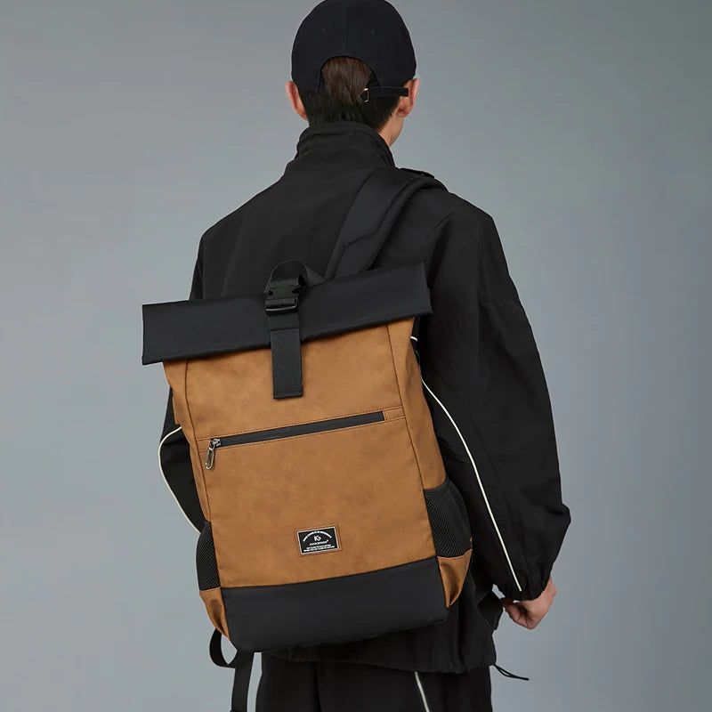 Unisex Waterproof PU Leather Backpack with USB Port – Lightweight, Roll-Top Design, Large Capacity