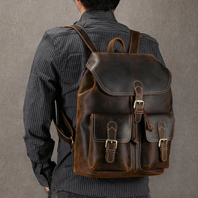 Men's Vintage Crazy Horse Leather Backpack – Large Capacity for Travel, School, and Daily Use