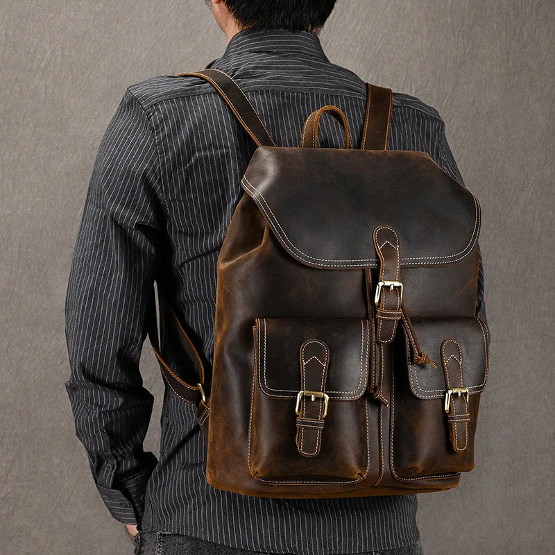 Men's Vintage Crazy Horse Leather Backpack – Large Capacity for Travel, School, and Daily Use