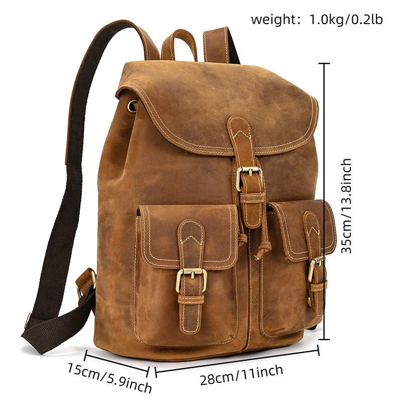 Men's Vintage Crazy Horse Leather Backpack – Large Capacity for Travel, School, and Daily Use