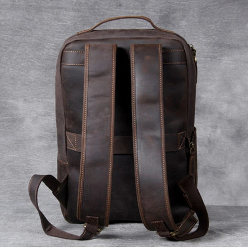 Men's Vintage Crazy Horse Leather Backpack – Large Capacity for Laptop and Travel