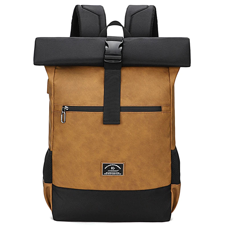 Unisex Waterproof PU Leather Backpack with USB Port – Lightweight, Roll-Top Design, Large Capacity