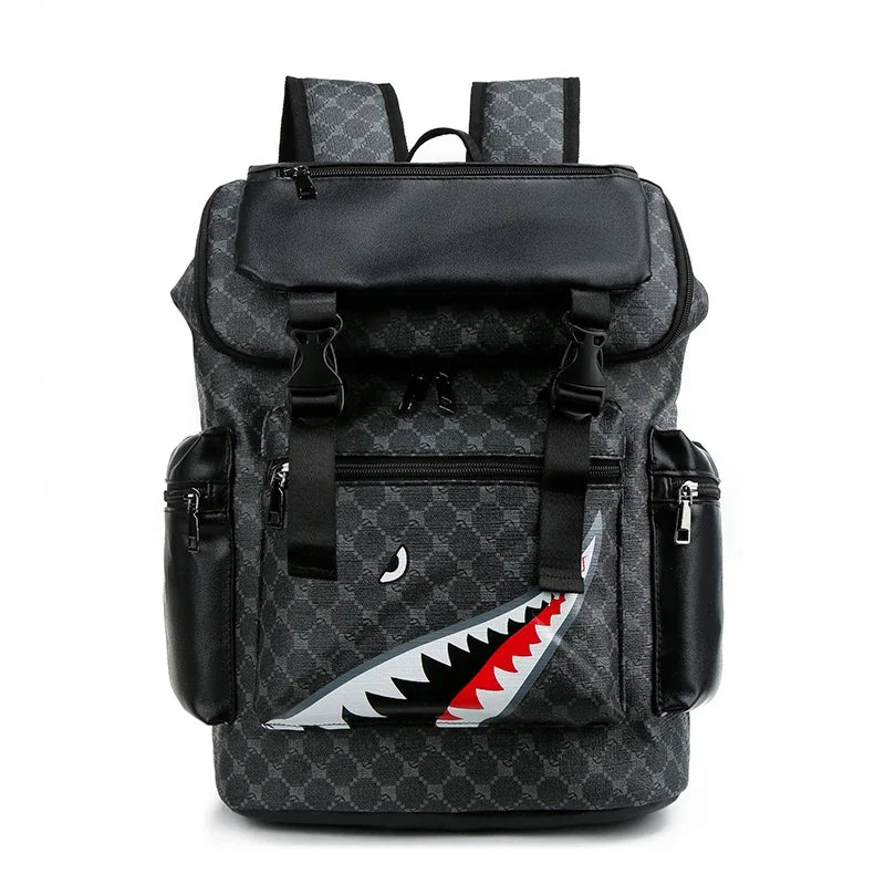 Men's Leather Backpack with Shark-Inspired Design – Large Capacity for Students and Travelers