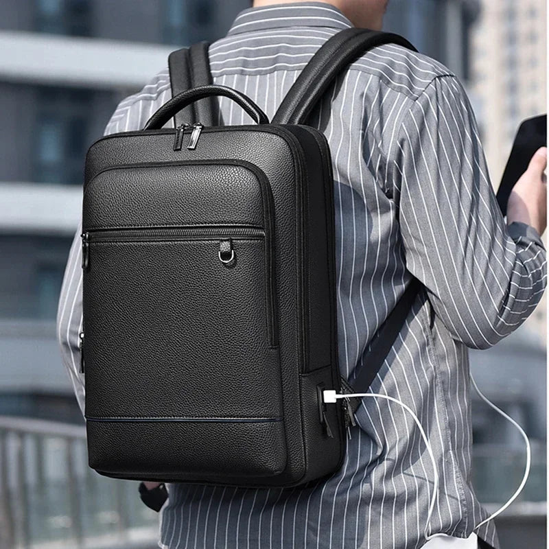 Men's Executive Leather Backpack with USB Charging – Elegant and Functional for Laptops and Business Travel