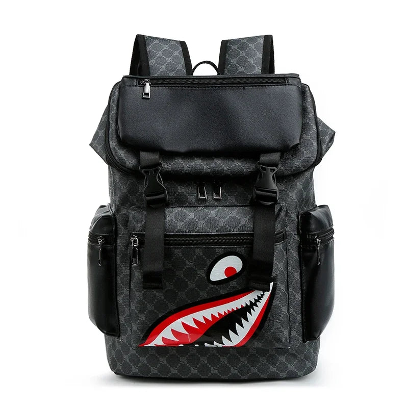 Men's Leather Backpack with Shark-Inspired Design – Large Capacity for Students and Travelers