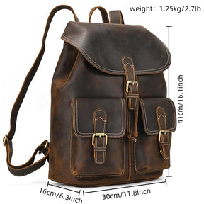 Men's Vintage Crazy Horse Leather Backpack – Large Capacity for Travel, School, and Daily Use
