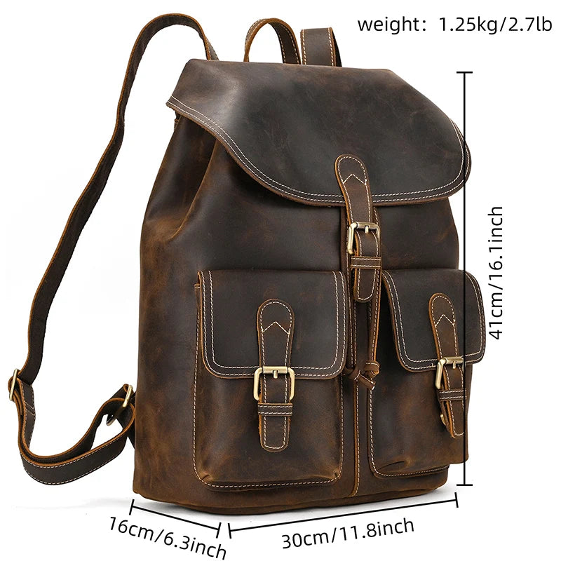 Men's Vintage Crazy Horse Leather Backpack – Large Capacity for Travel, School, and Daily Use