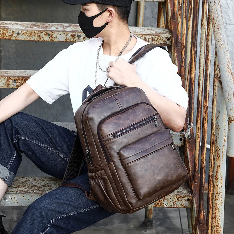 Men's Leather Backpack with USB Charging Port – Large, Waterproof, Ideal for Laptop, School, and Travel; Elegant and Functional Design