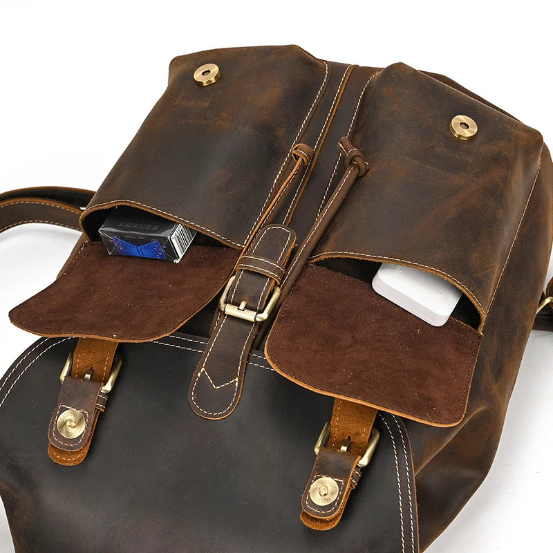 Men's Vintage Crazy Horse Leather Backpack – Large Capacity for Travel, School, and Daily Use