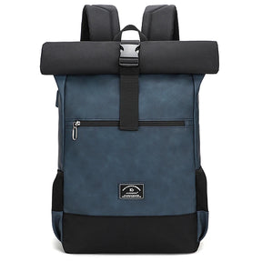 Unisex Waterproof PU Leather Backpack with USB Port – Lightweight, Roll-Top Design, Large Capacity