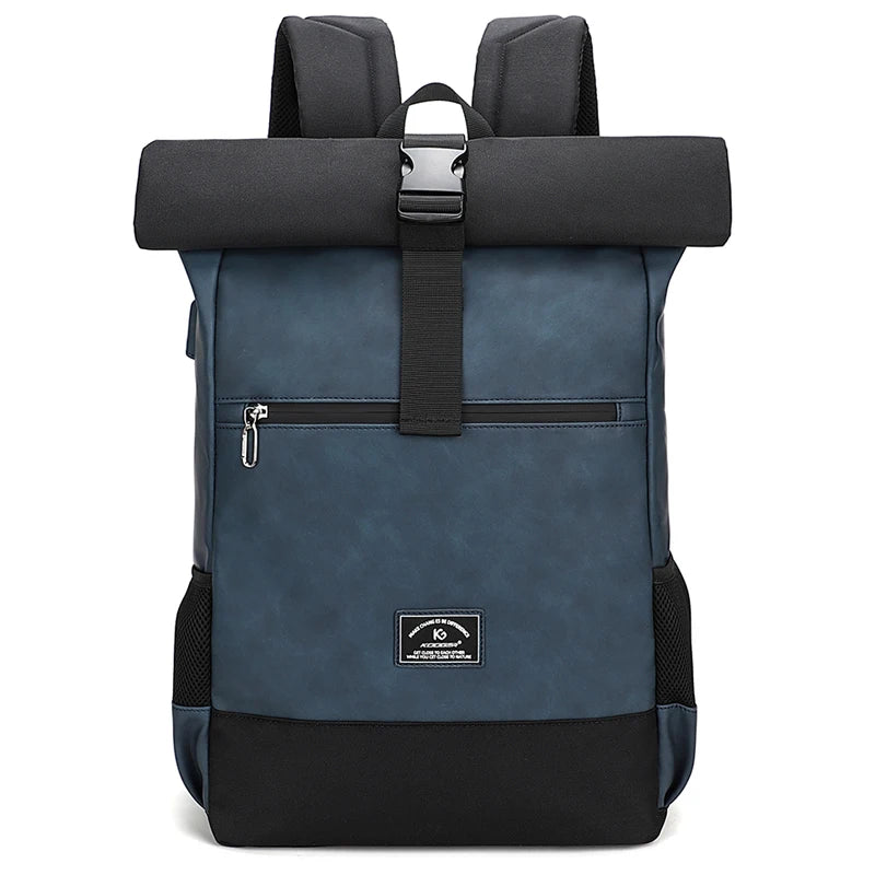 Unisex Waterproof PU Leather Backpack with USB Port – Lightweight, Roll-Top Design, Large Capacity