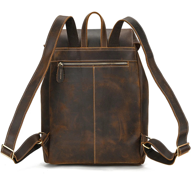 Men's Vintage Crazy Horse Leather Backpack – Large Capacity for Travel, School, and Daily Use