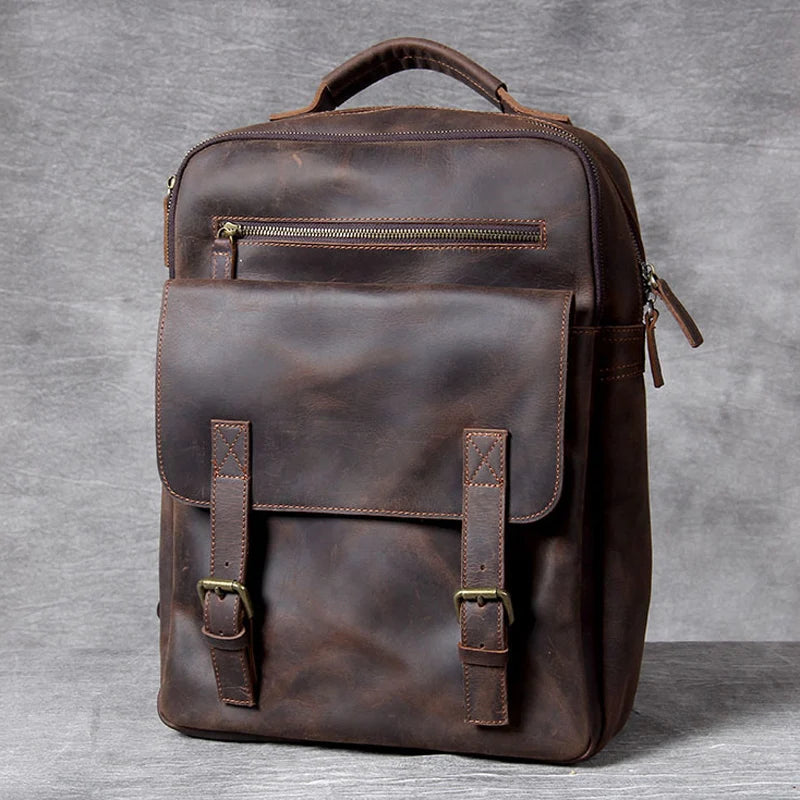 Zaino Vintage Uomo in Vera Pelle Crazy Horse – Grande Capacità con Scomparto per Laptop 17"