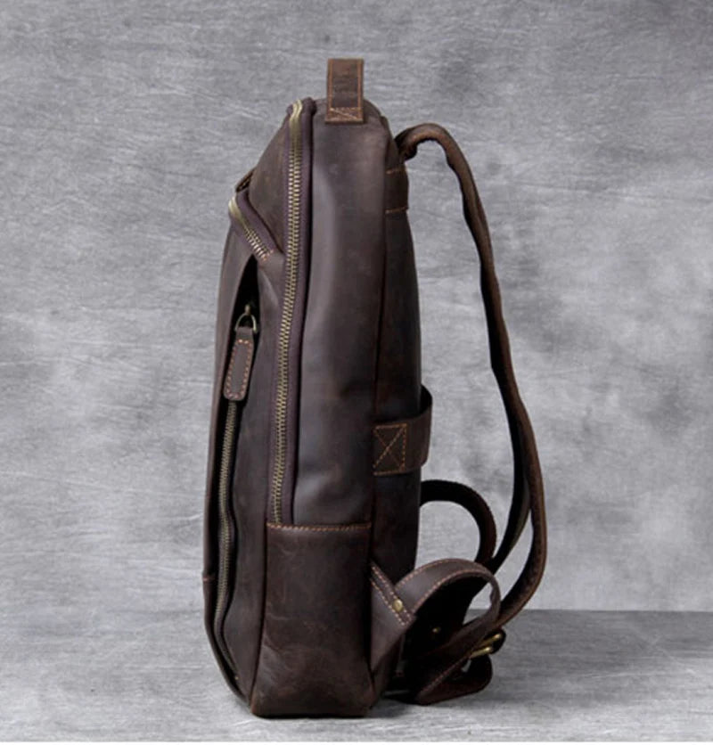 Men's Vintage Crazy Horse Leather Backpack – Large Capacity for Laptop and Travel