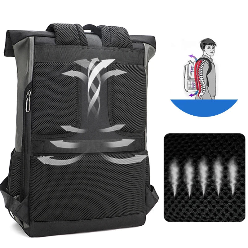 Unisex Waterproof PU Leather Backpack with USB Port – Lightweight, Roll-Top Design, Large Capacity
