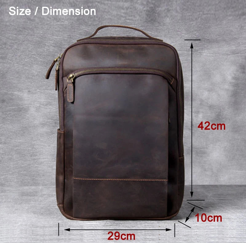 Men's Vintage Crazy Horse Leather Backpack – Large Capacity for Laptop and Travel