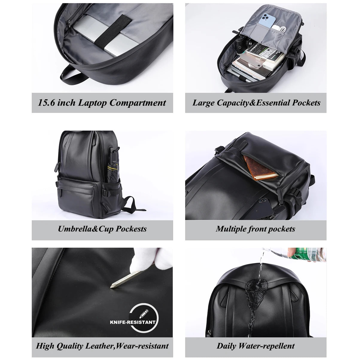 Zaino Uomo in Cuoio Resistente all’Acqua con Porta USB – Per Laptop 14 Pollici e Viaggi