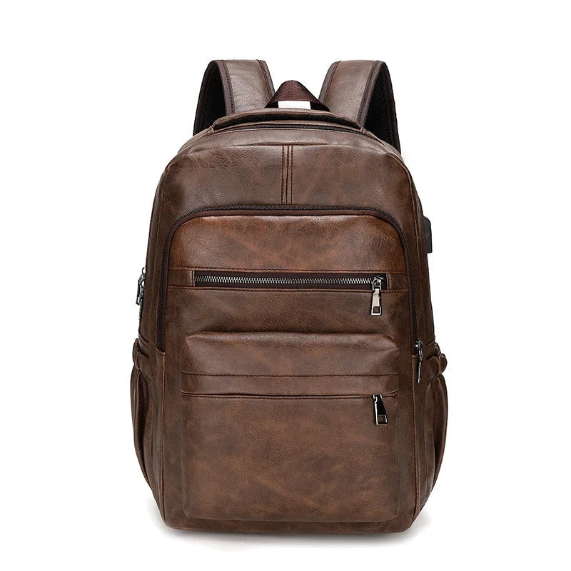 Men's Leather Backpack with USB Charging Port – Large, Waterproof, Ideal for Laptop, School, and Travel; Elegant and Functional Design