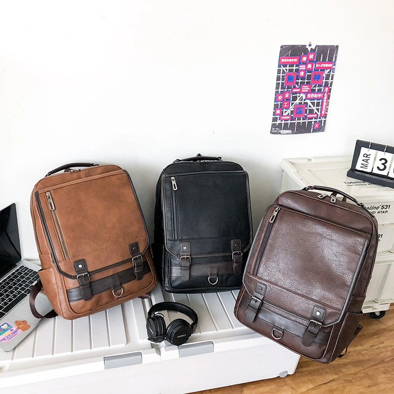 Men's Leather Backpack – Large Capacity for 15" Laptop, Travel, and School