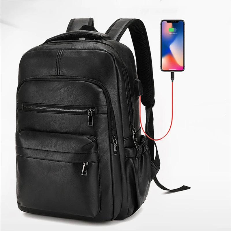 Men's Leather Backpack with USB Charging Port – Large, Waterproof, Ideal for Laptop, School, and Travel; Elegant and Functional Design
