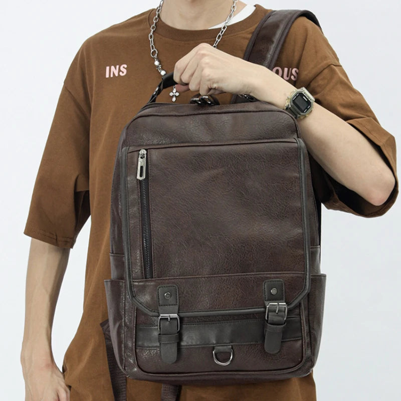 Men's Leather Backpack – Large Capacity for 15" Laptop, Travel, and School