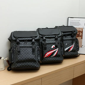 Men's Leather Backpack with Shark-Inspired Design – Large Capacity for Students and Travelers