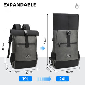 Unisex Waterproof PU Leather Backpack with USB Port – Lightweight, Roll-Top Design, Large Capacity