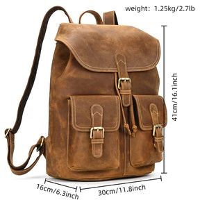Men's Vintage Crazy Horse Leather Backpack – Large Capacity for Travel, School, and Daily Use
