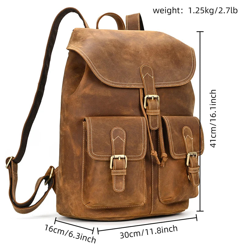 Men's Vintage Crazy Horse Leather Backpack – Large Capacity for Travel, School, and Daily Use