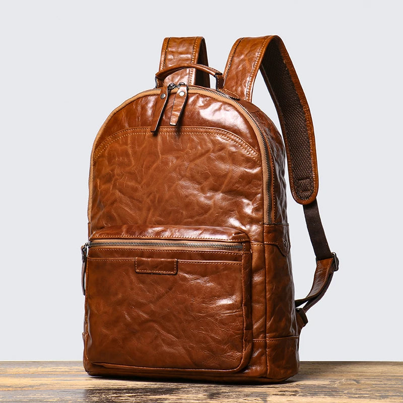 Men's Genuine Cowhide Leather Backpack – Large Capacity, Multifunctional for Business and Travel