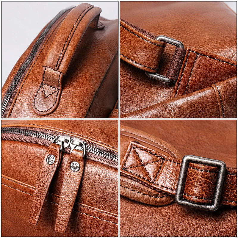 Men's Genuine Cowhide Leather Backpack – Large Capacity, Multifunctional for Business and Travel