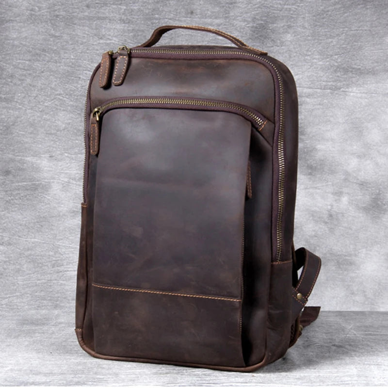 Men's Vintage Crazy Horse Leather Backpack – Large Capacity for Laptop and Travel