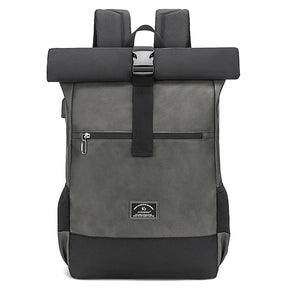 Unisex Waterproof PU Leather Backpack with USB Port – Lightweight, Roll-Top Design, Large Capacity