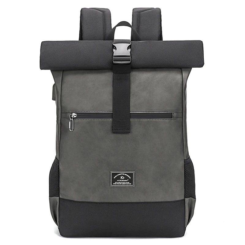 Unisex Waterproof PU Leather Backpack with USB Port – Lightweight, Roll-Top Design, Large Capacity