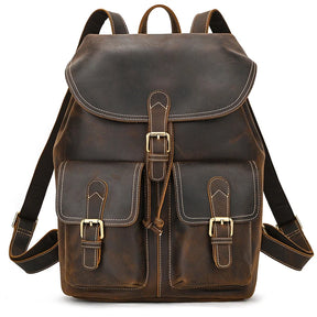 Men's Vintage Crazy Horse Leather Backpack – Large Capacity for Travel, School, and Daily Use