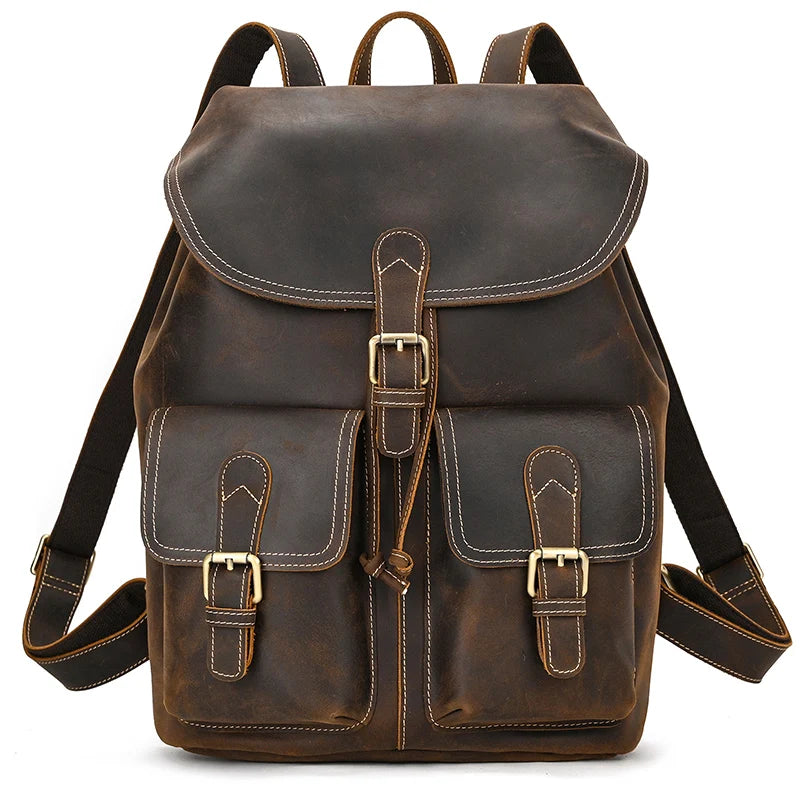 Men's Vintage Crazy Horse Leather Backpack – Large Capacity for Travel, School, and Daily Use