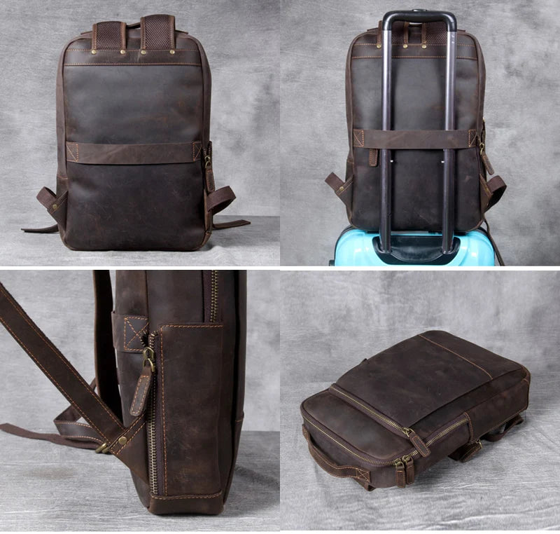 Men's Vintage Crazy Horse Leather Backpack – Large Capacity for Laptop and Travel